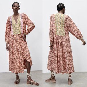 NEW ZARA crochet trim printed pale pink 5598 dress